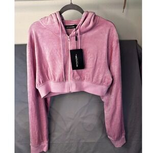 PrettyLittleThing Pink Rhinestones Back Logo Velour Ribbed Cropped Zip Up Hoodie